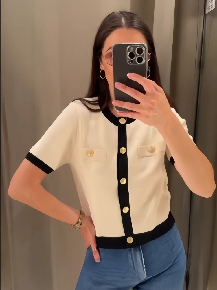 Spring New Women's Fashion and Elegance Slim Fit Versatile Knitted Spliced Short sleeved Coat
