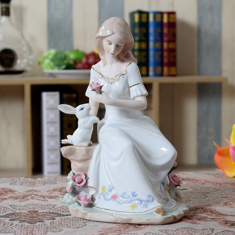 

Vintage Porcelain Lady and Rabbit Figurine Ceramic Beauty Miniature Home Decor Valentine's Day Gift Craft Ornament Accessories