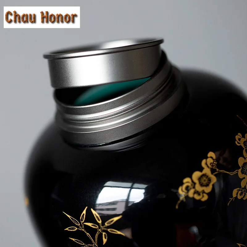 300ml Black Glaze Ceramic Tea Box Home Small Portable Gilding Plum Blossom Tea Canddy Moisture-proof Double Sealed Storage Bin