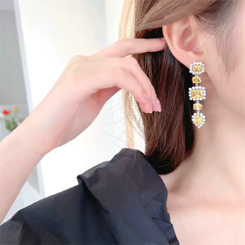 Shining Cubic Zirconia Long Elegant Temperament Eardrop For Girls Geometric Zircon Luxury Brand Jewelry 925 Silver Needle Earing