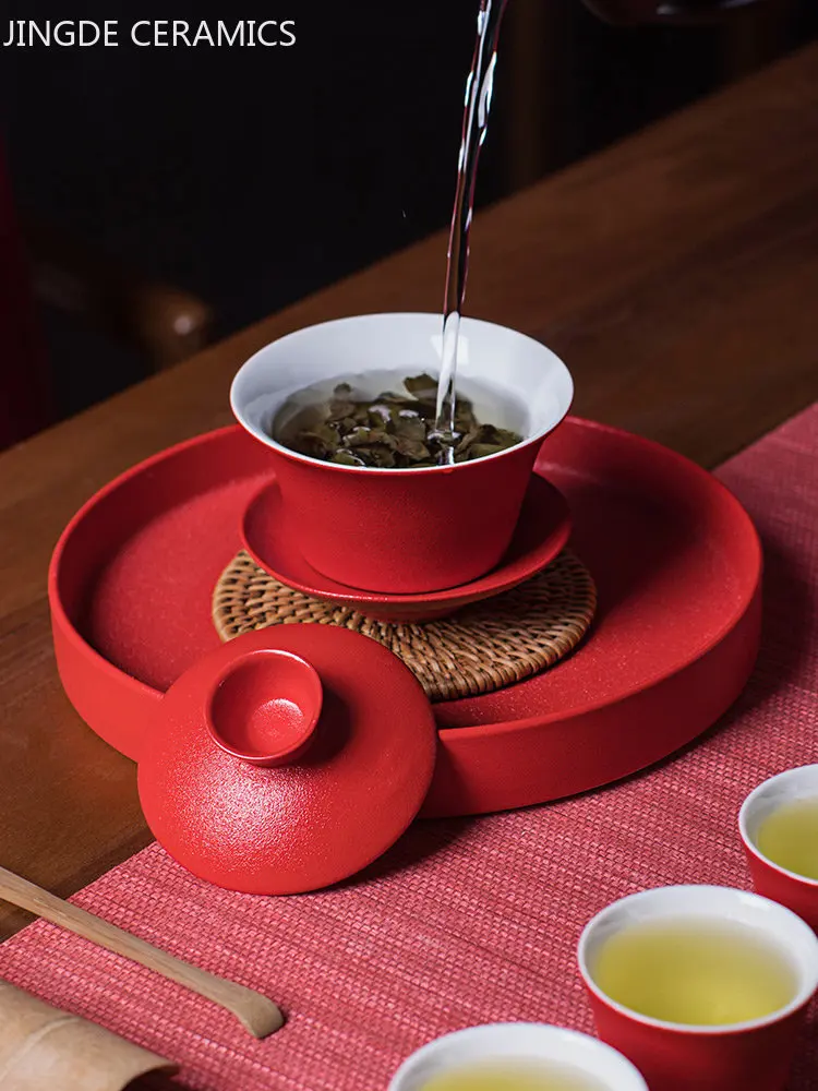 130ml Red Ceramic Gaiwan Chinese Wedding Tea Set Handmade Porcelain Teacup Home Beauty Tea Infuser Portable Cup with Lid