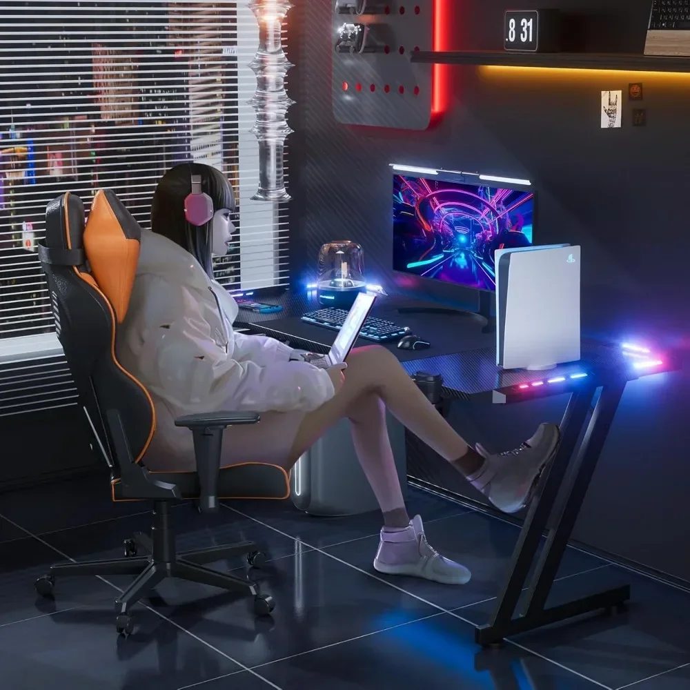 47 Inch Gaming Desk with LED Lights Carbon Fibre Surface Gaming Table Large Computer Desk Ergonomic Home Office Desks Z Shaped 2