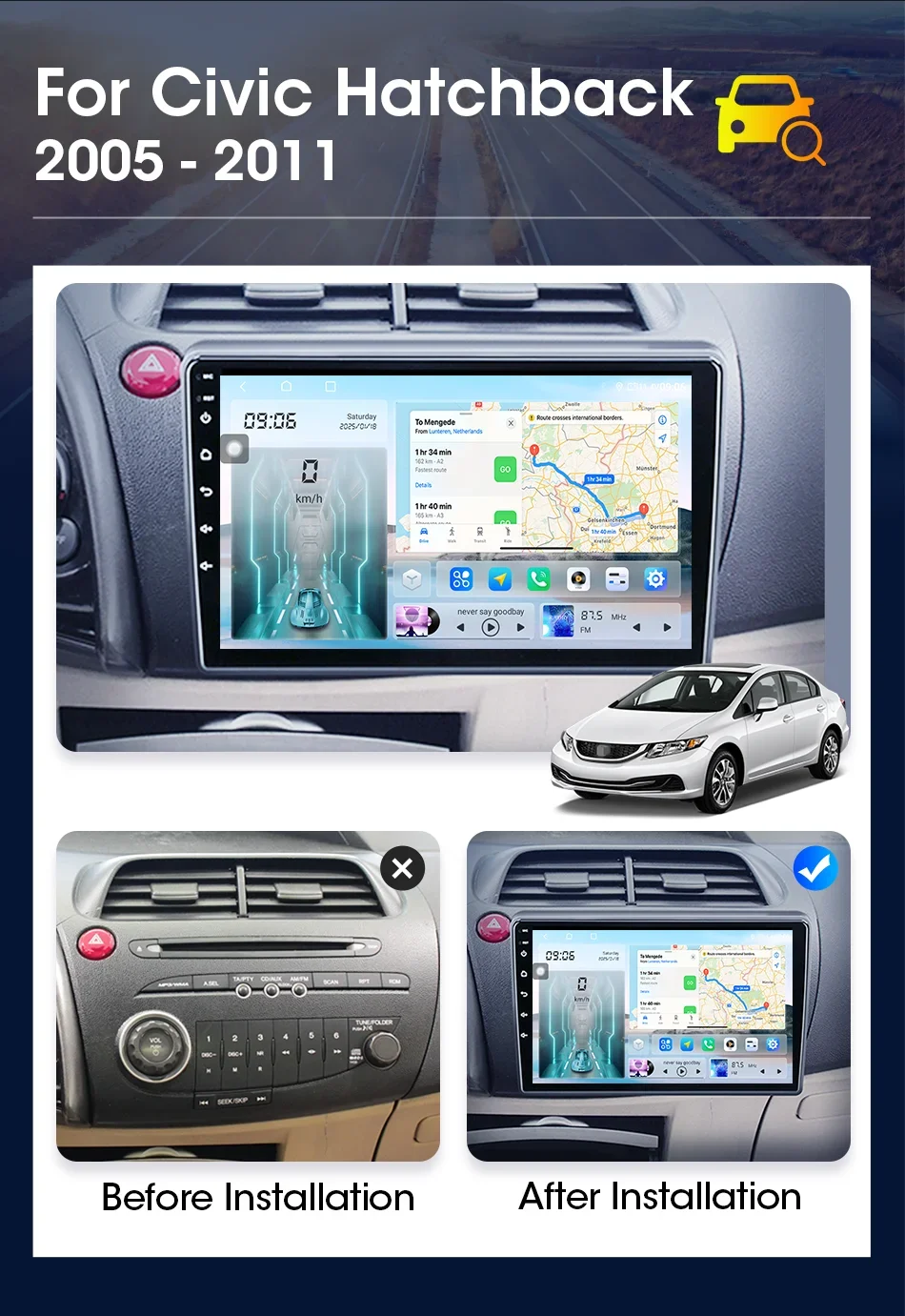 Android für Honda Civic Hatchback 2006–2011, Carplay, QLED-Bildschirm, Autoradio, Multimedia-Navigation, GPS, Stereo, DVD, 2 Din-Kopfeinheit – Detail 4