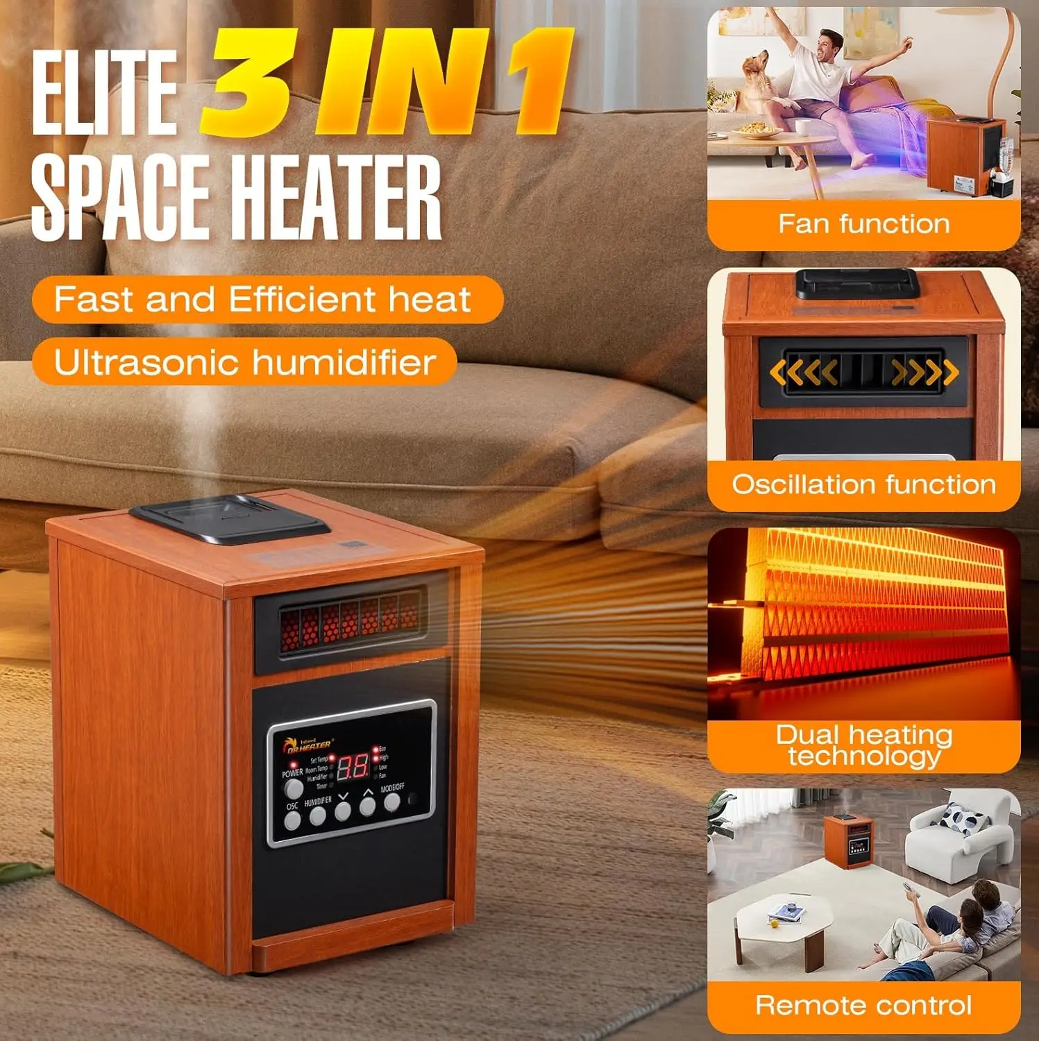 DR-998, 1500W, Space Heater with Humidifier, Oscillation Fan & Remote Control (Cherry)