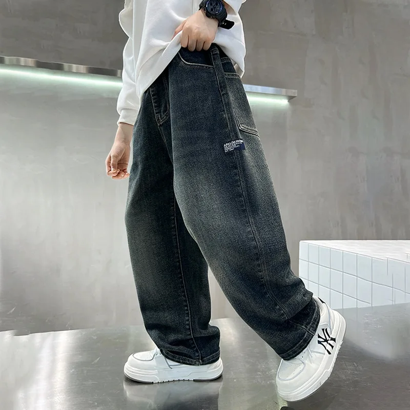 OLEKID 2026 Teenage Boys Jeans Kids Boys Letter Pockets Denim Pants Junior Boy Pant Casual Loose Straight Trousers for 4-14Y Boy - 3