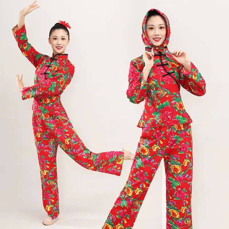 China Northeast Printed Village Girl Errenzhuan Performance Dress Funny Square Dance Yangge Costume Ethnic Top Pants Suit