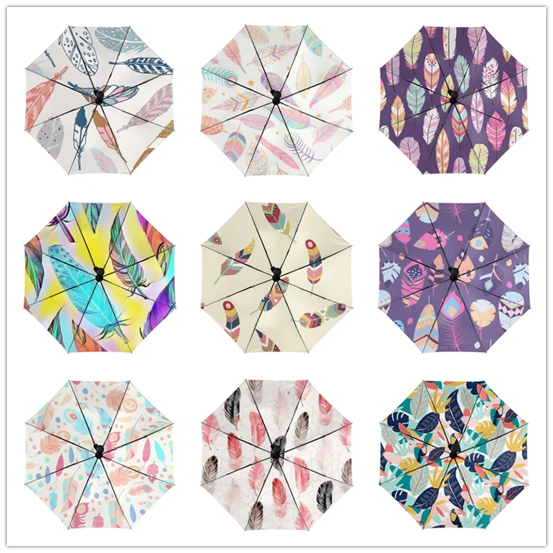 

Feather Pattern Umbrella Rain Women Automatic Umbrella Three Folding Sun Protection Umbrella Male Portable Parasol