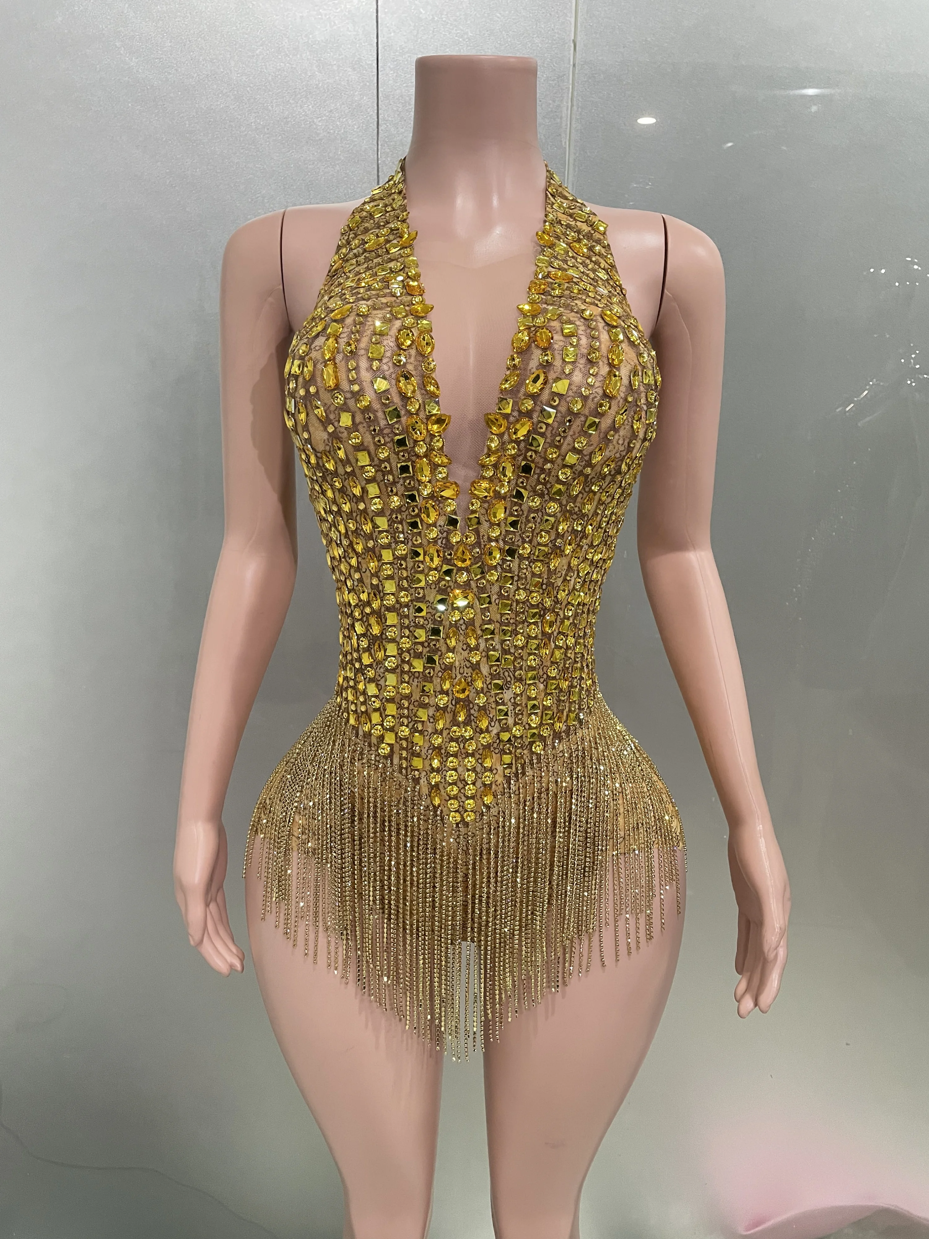 Luxury Sparkly Rhinestone Mesh Mini Dress 2025Women Sexy Nightclub Party Dance Performance Costume Singer Dancer Show Stage Wear