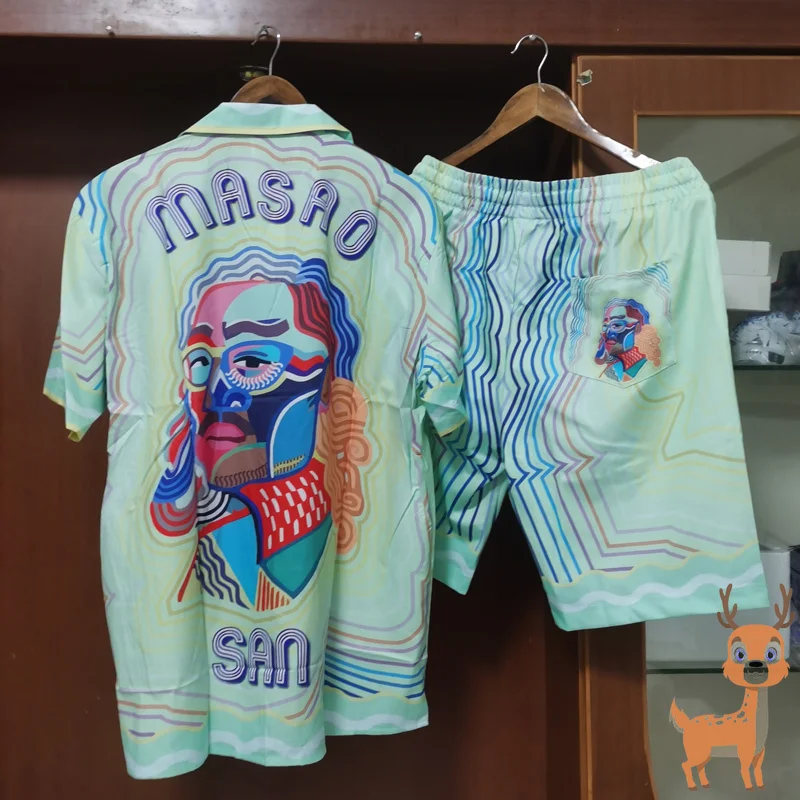 

Real Photo Abstract Portrait Print Creative Letter Casa Shirt Set Retro Casual Versatile Button Men Women Short Sleeve Shirts
