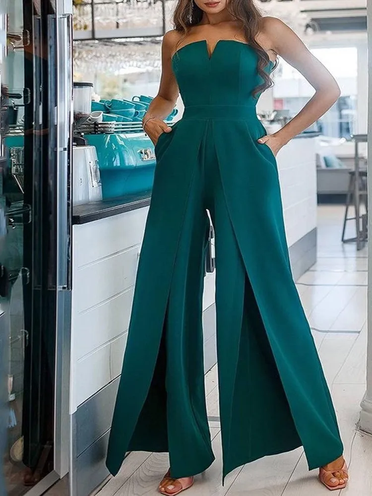 Fashion Solid Color Slim Tube Top Jumpsuits Women Sexy V-neck Backless Splicing Slit Flared Jumpsuit Temperament Ladies Clothing