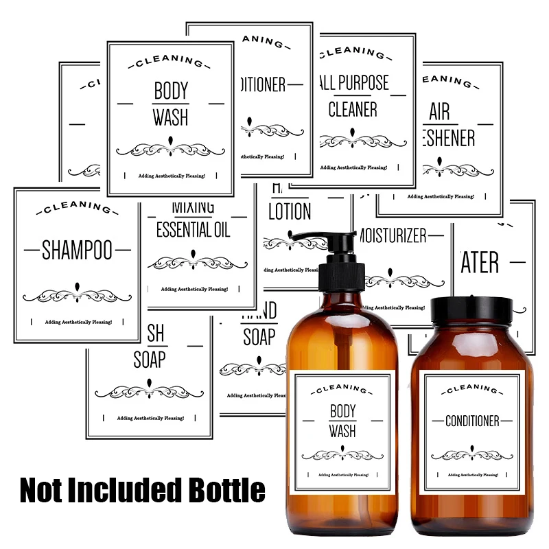 12PCS Bathroom Labels Sticker Set Shampoo Conditioner Body Wash Bottle Label Waterproof Dish Soap Dispenser Container Sticker