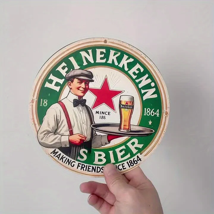 2D 플랫 빈티지 맥주 금속 벽 장식 8x8인치 원형 알루미늄 장식 플라크 1864년부터 친구들이다 레트로 그린 디자인 벽 장식