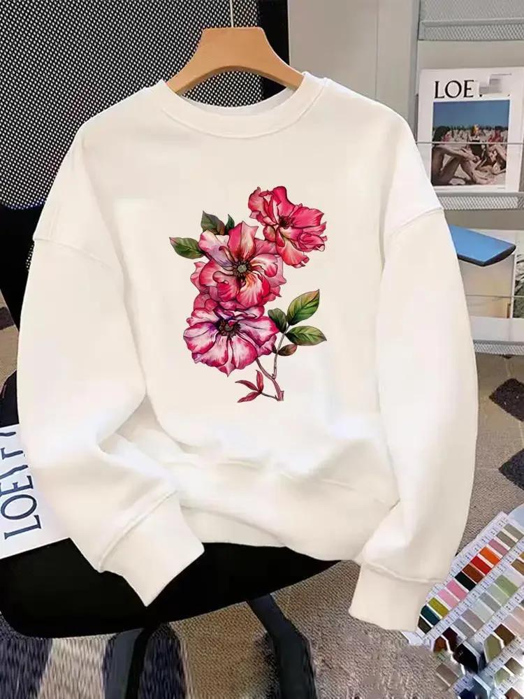 

Clothing Female Long Sleeve O-neck Fleece Print Pullovers Fashion Flower Floral Trend 90s Style Women Graphic Sweatshirts