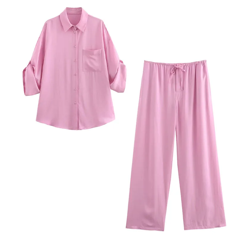 thumbnail image 1 of HH TRAF 2024 Traje de pantalón largo de pierna ancha de moda con cordones y camisa de un solo pecho con media manga y solapa de color liso para mujer, 1 of 5