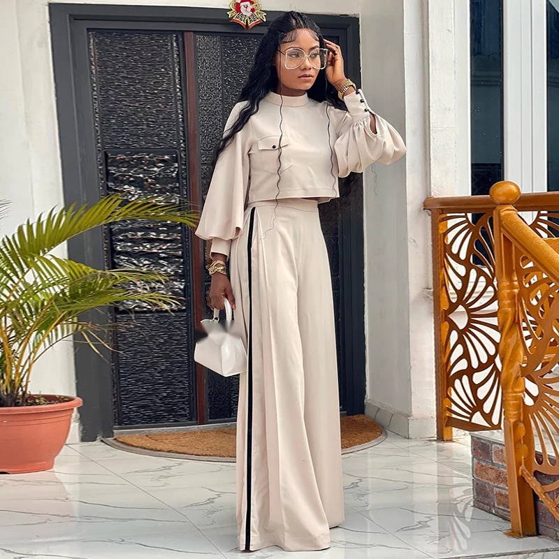 New Fall Women's Size Loose Elegant Semi-high-neck Fashion Long-sleeved Top Wide-leg Pants Casual Commuter Women's Two-piece