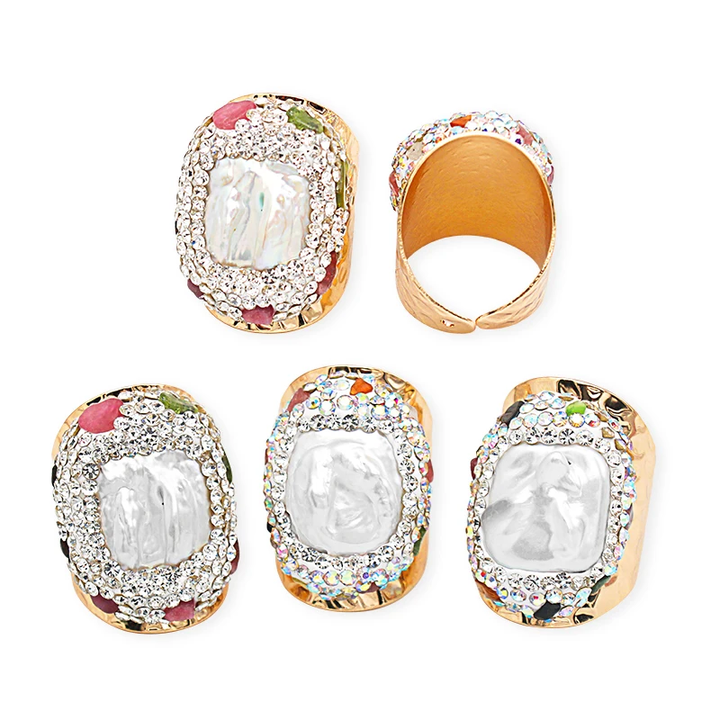Micro Inlay Irregular Baroque Pearl Open Ring for Women Boho Finger Wedding Jewelry with Tourmaline Wholesale