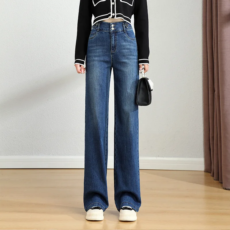

Women Jeans High Waist Loose Wide Leg Pants 2023 New Autumn/Winter Elastic Plush Thicken Straight leg denim trousers