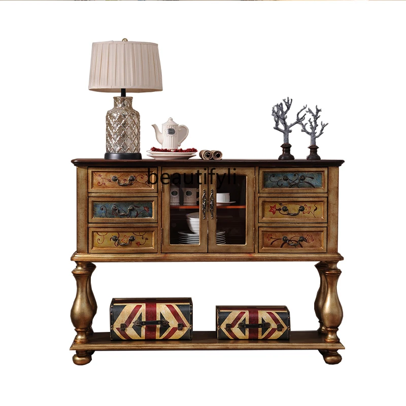 

American Country Painted Vintage Solid Wood Corridor Foyer Living Room Entrance Curio Cabinet furniture living room