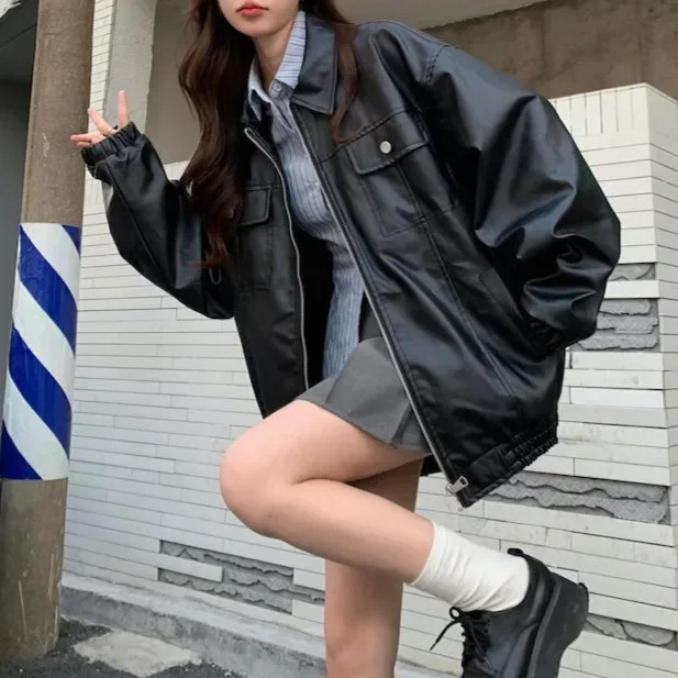 Vintage Black Leather Jacket Women Moto Biker Zipper Jackets