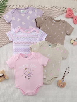 Set da 5 pezzi di pagliaccetti estivi a maniche corte per neonata, morbidi e traspiranti con motivi stampati a cartoni animati, vestibilità regolare, adatti per l'uso all'aperto, possono essere utilizzati come regalo di Natale