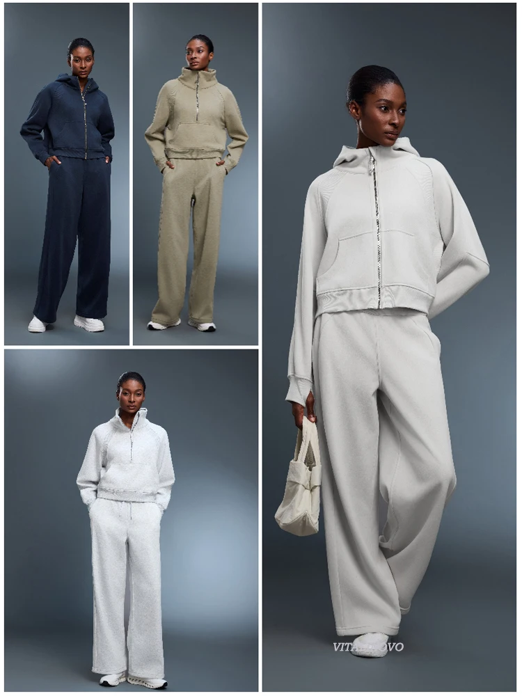 VITALINOVO Damen-Sweatpants mit weitem Bein und Fleece-Futter, Winter-Baggy-Lounge-Reisehose, Sportliche Jogginghose mit Kordelzug, Winter-Outfits – Detail 7