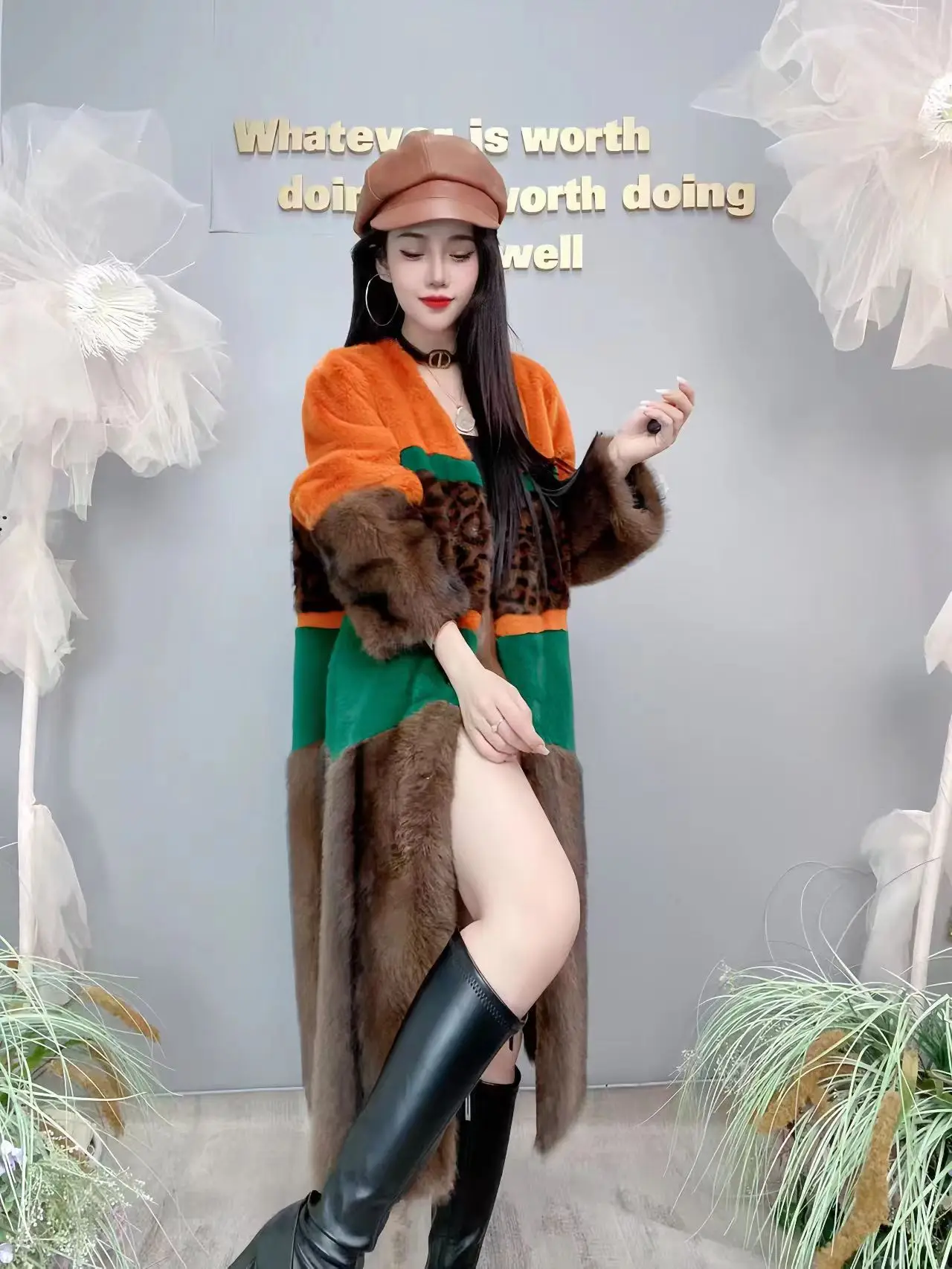 Orange Patchwork Leopard Print Green Eco-friendly Fur, Casual Mid Length V-neck Style Imitation Mink Fur Warm Coat, Winter New 2