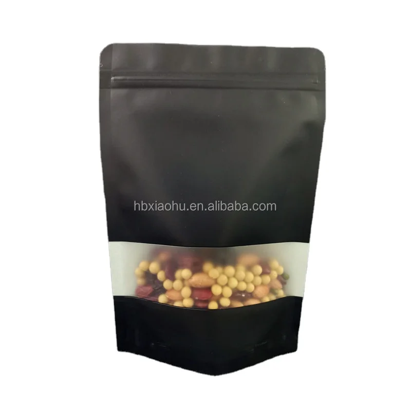 

Stand up black kraft paper bag with frost window and zipper for food flour nut rice tea spices customizable Manufacturer