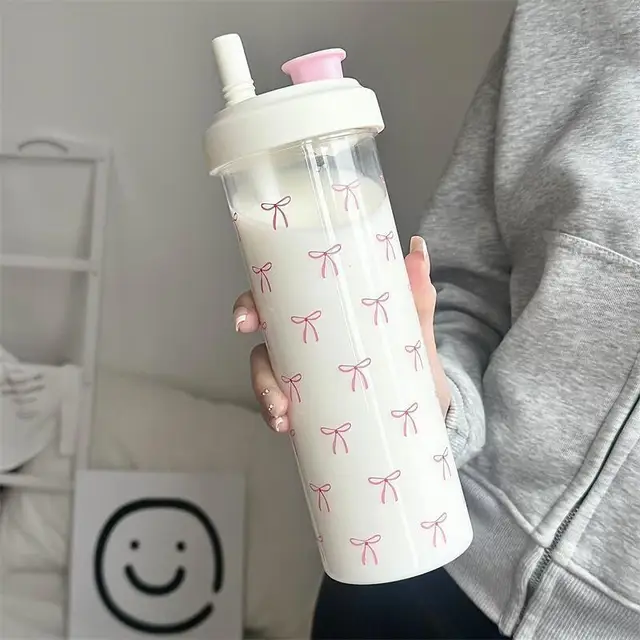500/850ML Pink Bow Straw Water Bottle With Lid Cute Coffee Bubble Milk Tea Plastic Cup For Outdoor School Drinking Water Bottles 4