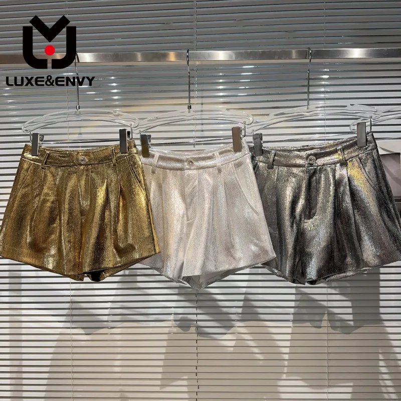 

LUXE&ENVY 2023 Autumn New Slim Shorts High Waist Solid Color Liquid Metal Gloss Design Sexy Pants