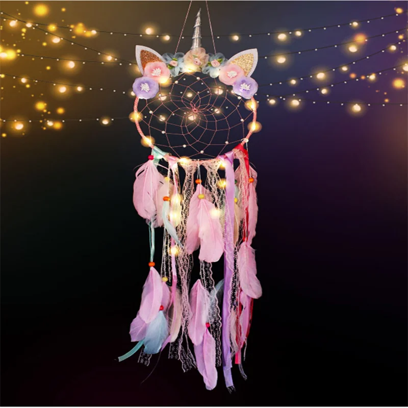 Pink LED Light Unicorn Dream Catcher Ornament For Girls Boho Room Decor Bedroom Unicorn Macrame Dreamcatcher Hanging Pendant 5