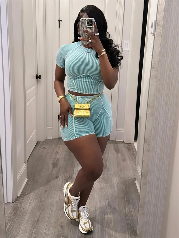 Wmstar Women Summer 2 Piece Outfits Clothes Casual Crop Shorts Sets Fashion Striped Knitted Matching Suit Wholesale Dropshipping