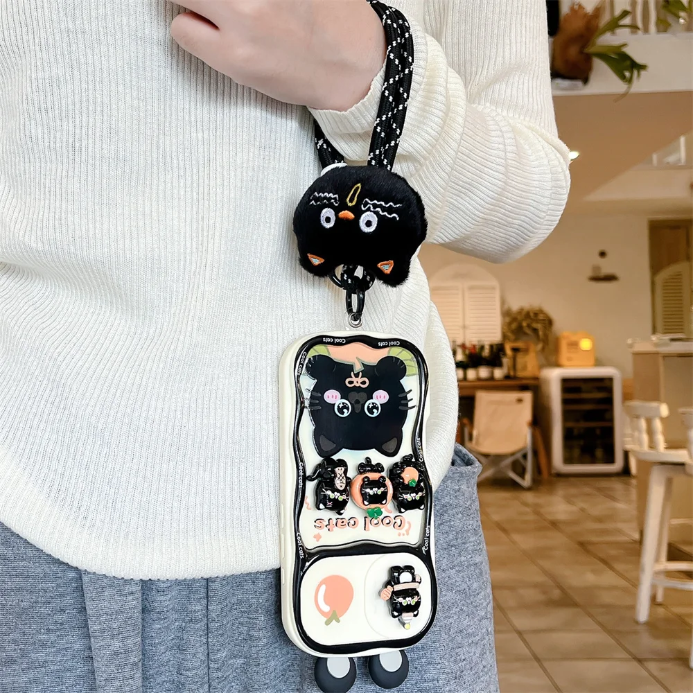 Adorable Cartoon Black Cat Push-Pull Lanyard Phone Case - Soft Protective Cover
