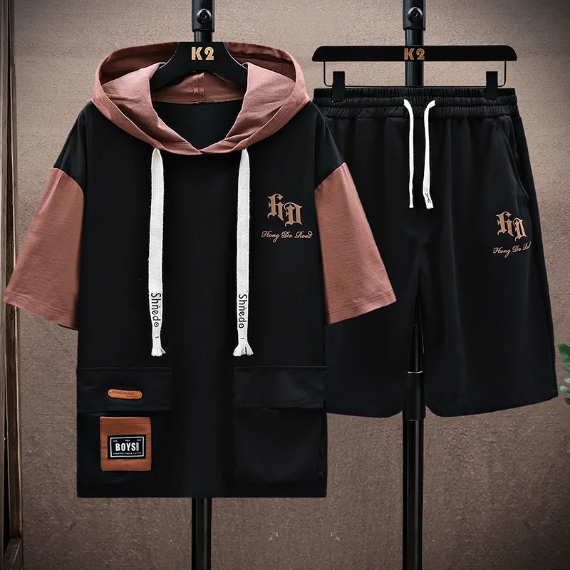 thumbnail image 1 of Conjuntos casuales de dos piezas de manga corta de algodón para hombre, camiseta con capucha suelta de verano 2024 y pantalones cortos, chándales, ropa de calle, conjunto de camisetas y pantalones, 1 of 4