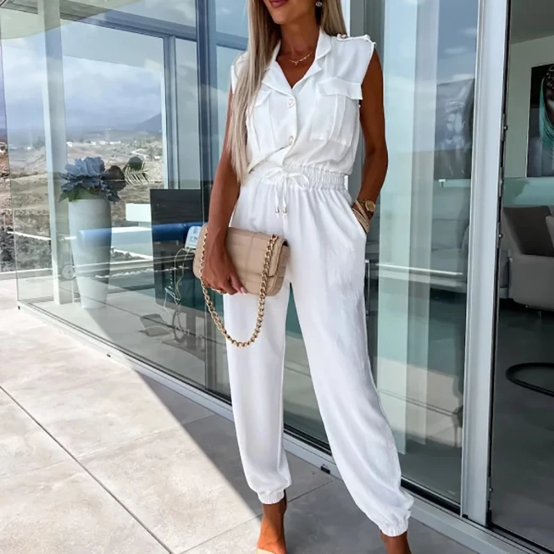 

Office Fashion Collar Button Solid Jumpsuit Women Sleeveless V-neck Slim Long Combinations Summer Lady Lace-up Cargo Overall