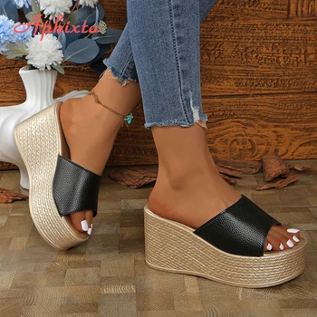 Aphixta Leather Summer Slides 9cm Wedge Heels Slippers Women Platform Mulers Sandals Clog Shoes Slides Big Size 43