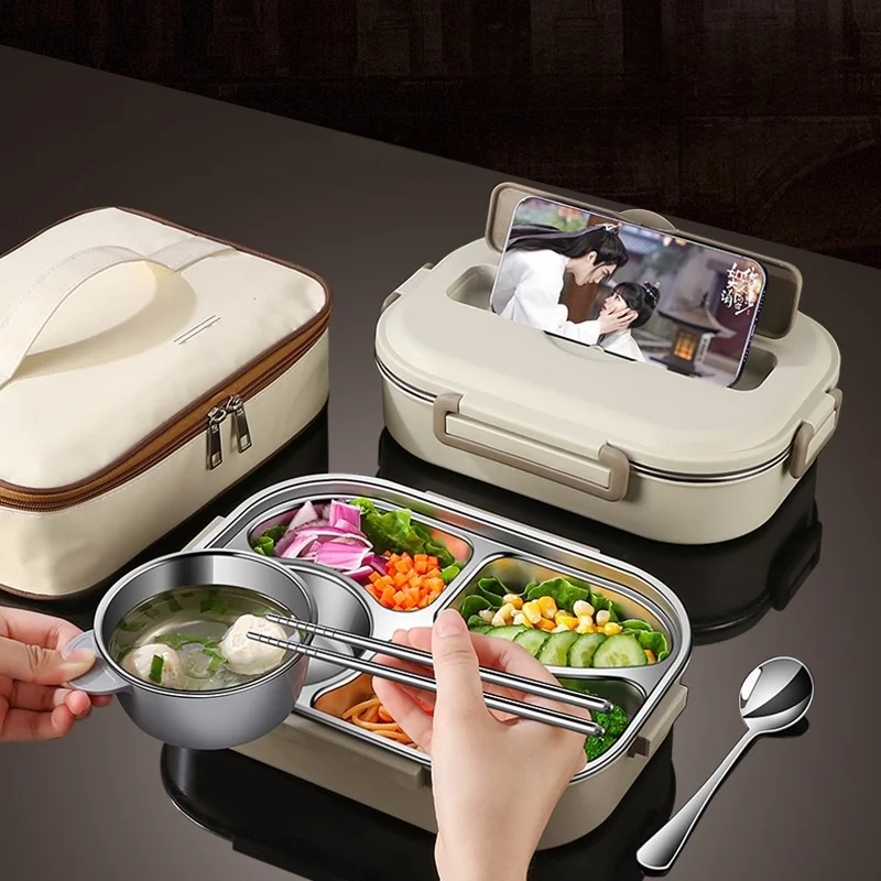 304 Stainless Steel Insulated Lunch Box Office Workers Sealed Portable Lunch Box with Bag Students Kids Commercial Bento Box Set