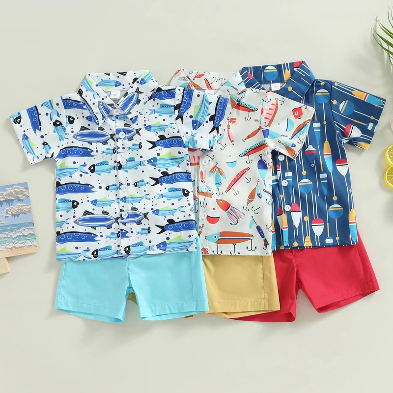 

Mildsown Toddler Baby Boy Clothes Summer Outfit Set Short Sleeve Fish Print Shirt Solid Pocket Shorts Beach Gentleman Suit