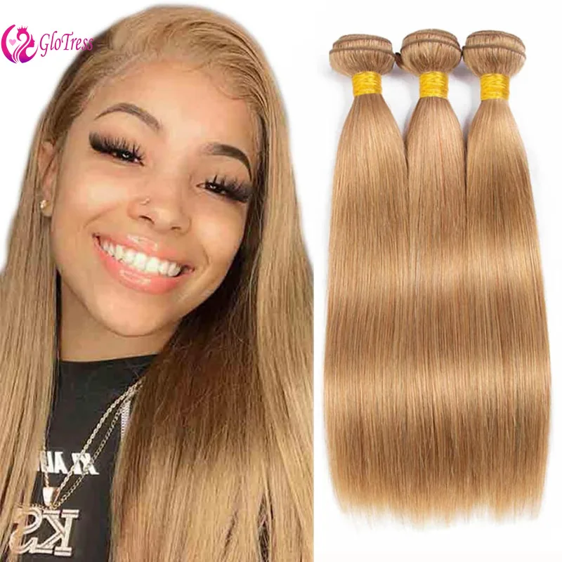 12-26 Inch Gold Straight Human Hair Bundles Double Weft Brazilian Virgin Remy Hair Extensions Weave Color 27 100G/PC human hair extensions