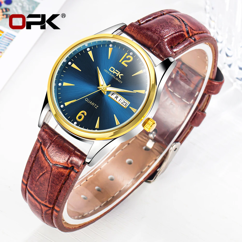 OPK brand luminous waterproof double calendar belt ladies quartz watch 8138 5