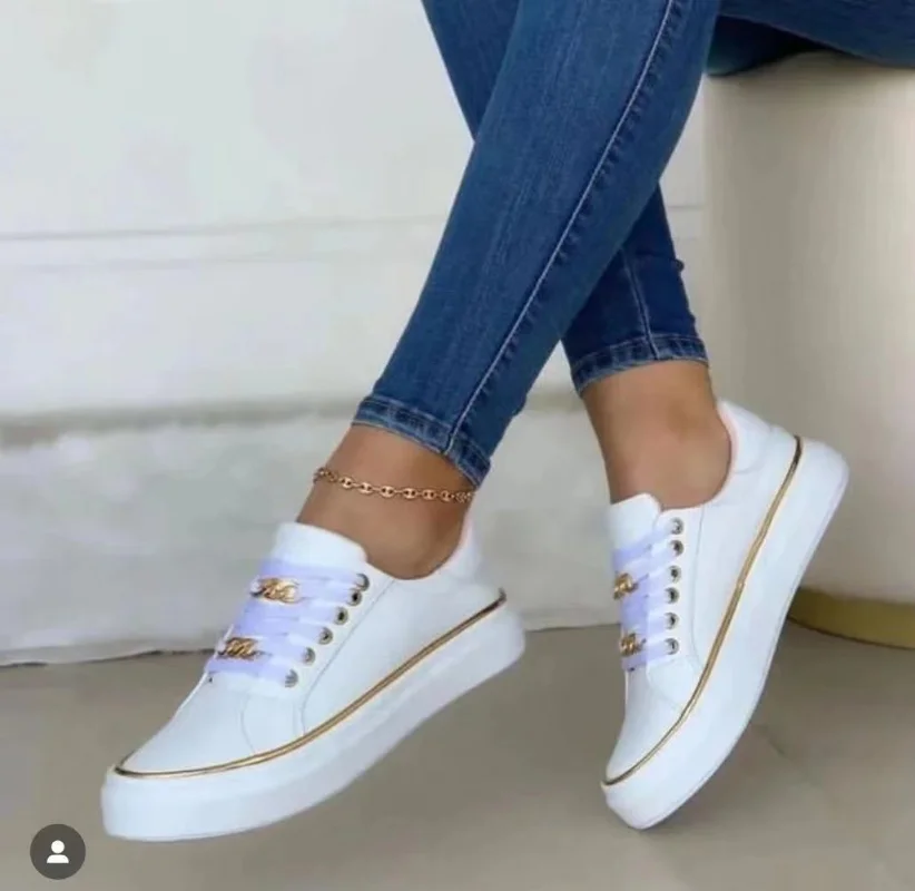 Shoes for Women 2023 Zapatillas Information Thick Soled Chain Athletic Style Low Top Single Leather Front Lace Up Footboard Shoe