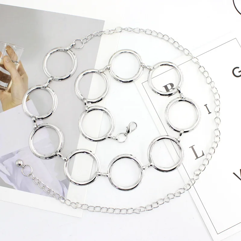 Fashion Women Circle Metal Chain Belt Golden Ring Fringes Ring Waist Chain Clothes Belts Lady Hip Ketting Riem Party Dress Belt