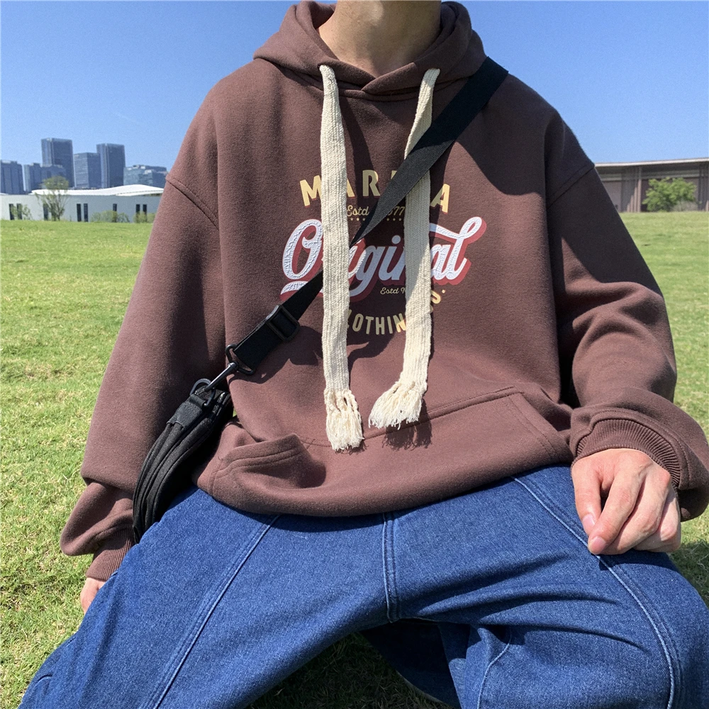 

Hooded Drawstring Shirt Men Loose Street Hip Hop Letter Printed Autumn New Fleece Warm Tops Pullover Hoodies Plush Thicken Coat
