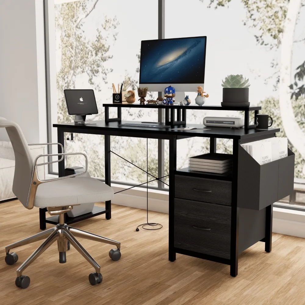 47.3" Computer Desk with Power Outlet,Monitor Stands,Shelves, Writing Table/Gaming Desks with Drawers,Office Desk 2