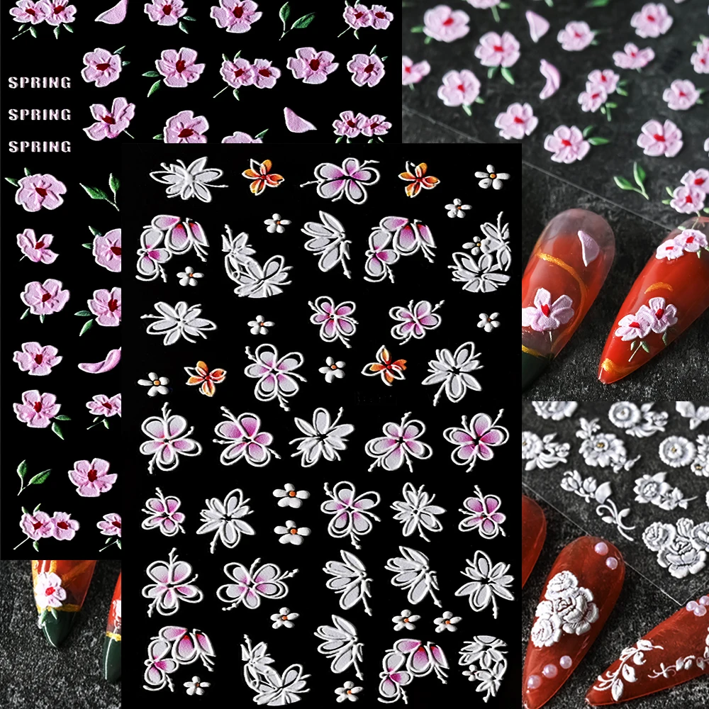 

5D рельефные белые/розовые бабочки цветы для ногтевого дизайна наклейки акриловые кружевные лепестки цветов 5d наклейка для ногтей самоклеящиеся маникюрные наклейки