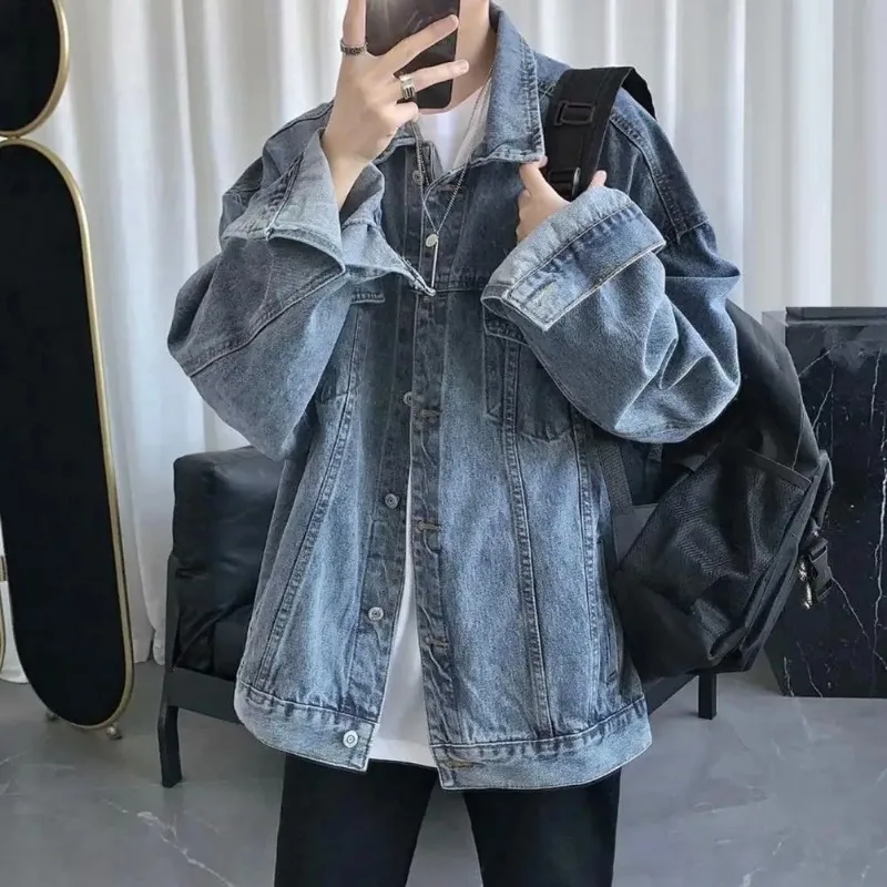 WEER Men Denim Jacket Men Jacket Retro Hip Hop Style Denim Jacket with Multi Pockets Plus Size Men Coat for Casual Streetwear