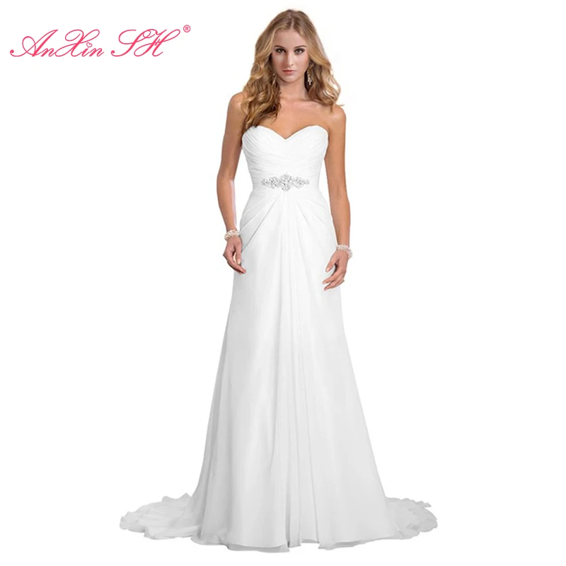 

AnXin SH princess white chiffon wedding dress vintage strapless beading crystal a line lace up bride train wedding dress