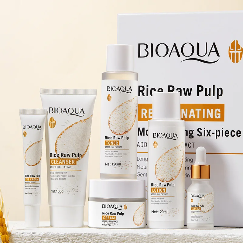 Facial And Hair Essence Set BIOAOUA Rice Protoplasm Grape Skincare Set Face Serum Cream Hydrating Moisturizing Cleanser Toner Anti Age Face Care Set
