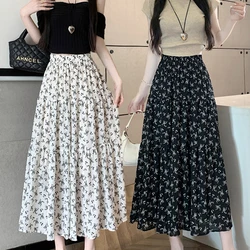 Korean Fashion Floral Print Skirt Women 2023 Summer New Elegant Black Long Skirt Female A-line Drap Beach Holdiay Faldas Mujer