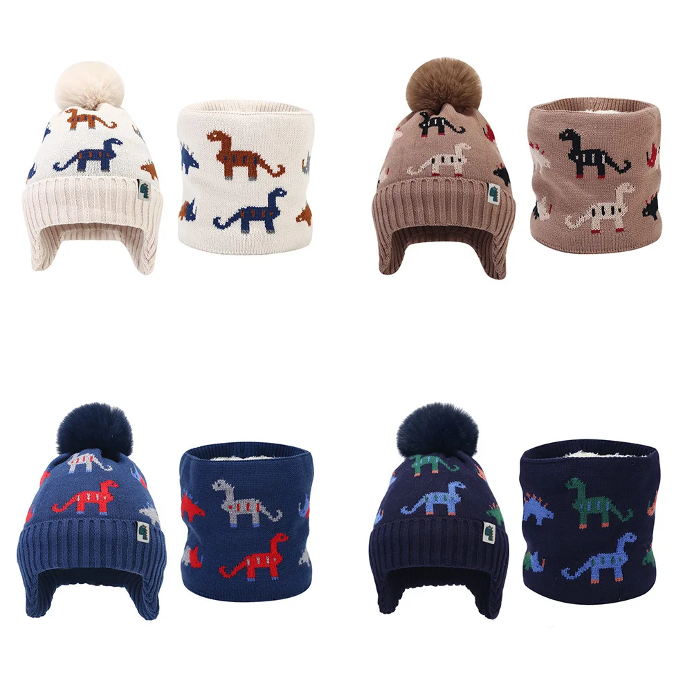 New Winter Cartoon Dinosaur Children Hat Scarf Set Plush Knitted Hat Neck Set Boys Girls Ear Protection Woolen Two Piece