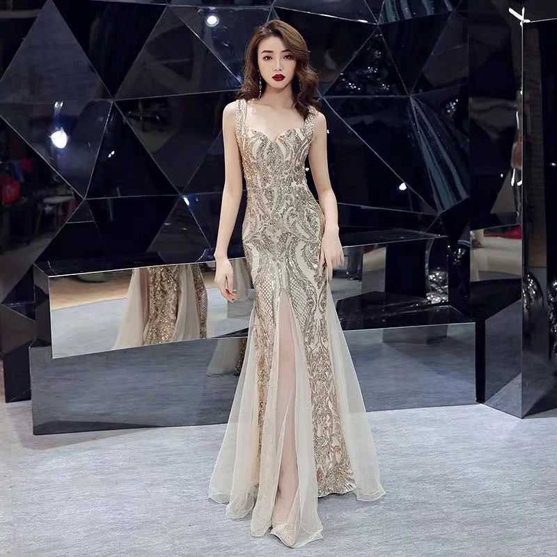2024 Party Cocktail Evening Dress Red Bridal Wedding Dress Fishtail Long Sequin Suspender Dress Banquet Slim Fit Elastic Style
